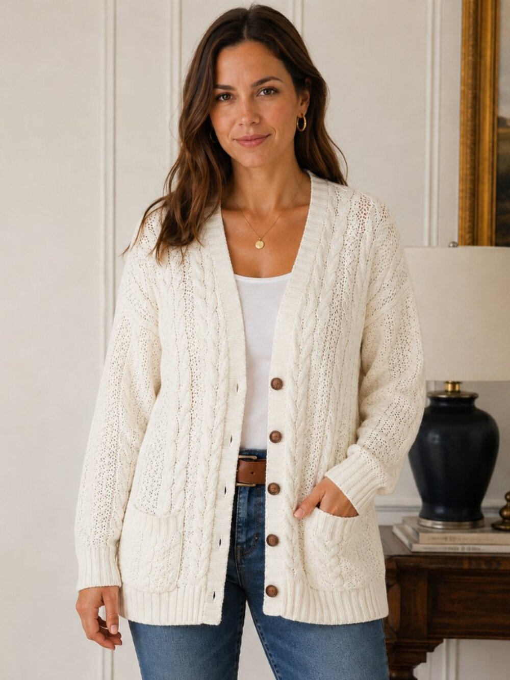 Vintage Womens Fisherman Cable Knit Cardigan L Ivory Cottagecore Coastal Preppy